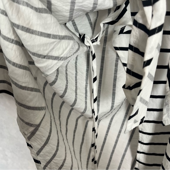 White and black strip button down long sleeve shirt wrap dress linen - Picture 6 of 13